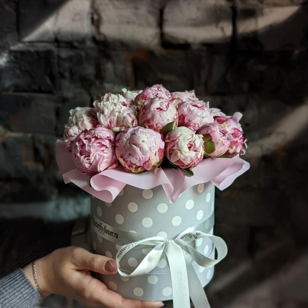Букет из 19 розовых пионов в дизайнерской коробке 